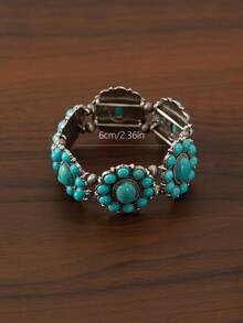 1 Pezzo Braccialetto Elasticizzato Con Perline Turchesi In Stile Vintage Bohémien Europeo Ed Americano - Blu - Visualizzare 6