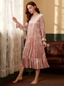 女士鑽石絨睡衣,韓版長袖中長款厚雪紡邊緣保暖家居睡袍,秋冬 - 粉色 - 查看 4