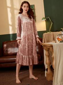 女士鑽石絨睡衣,韓版長袖中長款厚雪紡邊緣保暖家居睡袍,秋冬 - 粉色 - 查看 5