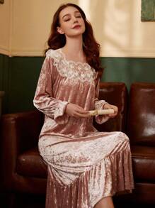 女士鑽石絨睡衣,韓版長袖中長款厚雪紡邊緣保暖家居睡袍,秋冬 - 粉色 - 查看 6