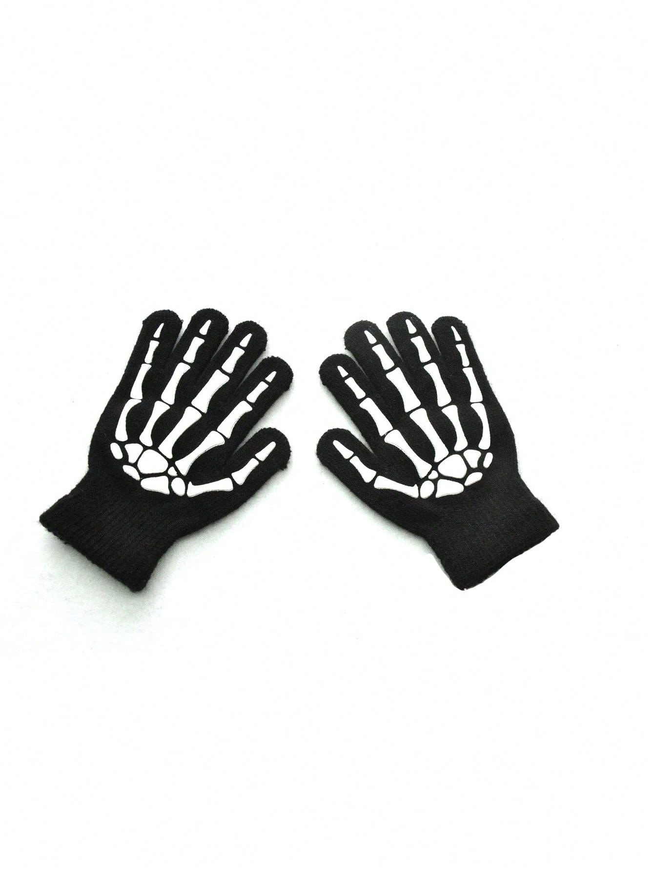 1pair Warm Knit Gloves With Glowinthedark Skeleton & Ghost Claws