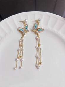 2入組優雅的油畫蝴蝶耳環,鑲嵌鑽石,韓國風格的多功能珠寶,金屬鏈珍珠流蘇長耳鉤,適合女性日常佩戴 - 蝴蝶珍珠流蘇耳環 - 查看 5