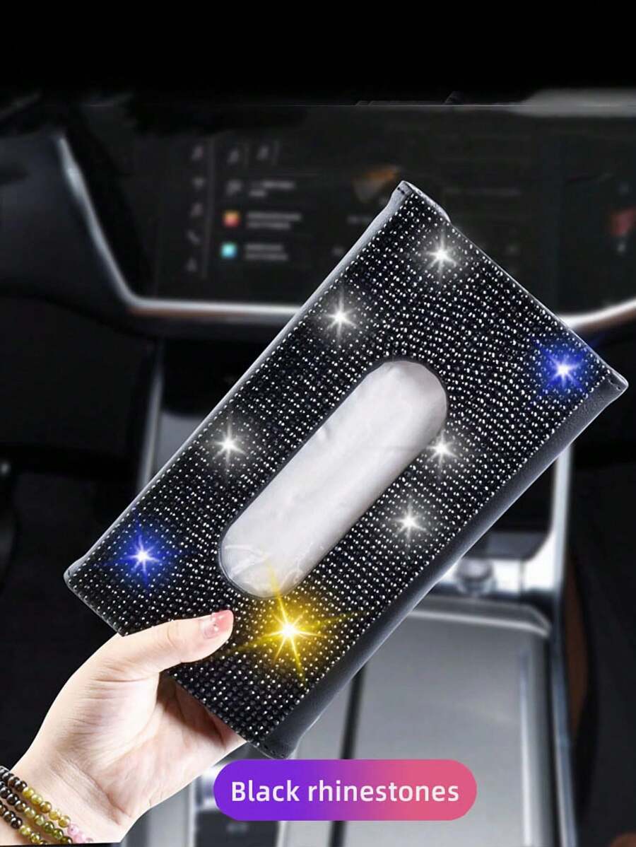 1 Pieza Soporte Para Caja De Pañuelos De Pu Y Diamantes De Imitación Para Interior De Coche, Diseño Colgante De Visera Solar - Negro - Ver 1
