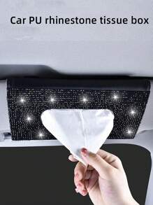 1 Pieza Soporte Para Caja De Pañuelos De Pu Y Diamantes De Imitación Para Interior De Coche, Diseño Colgante De Visera Solar - Negro - Ver 3