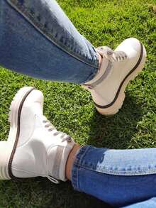 Botas Botines Moda Casual Urbano Agujetas Brillos - Beis - Ver 2