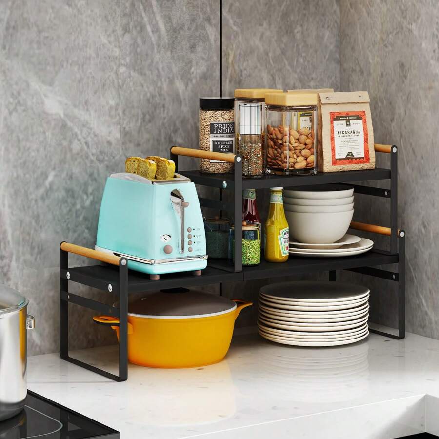 OSQI (2 Retractable Frames) Expandable Cabinet Shelf Organizer,Stackable Pantry Shelf Organizer Adjustable Height Countertop Storage Shelf Rack Cupboard Spice Rack for Cabinet oKitchen Bathrom Pantry - Black - View 1