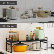 OSQI (2 Retractable Frames) Expandable Cabinet Shelf Organizer,Stackable Pantry Shelf Organizer Adjustable Height Countertop Storage Shelf Rack Cupboard Spice Rack for Cabinet oKitchen Bathrom Pantry - Black - View 6