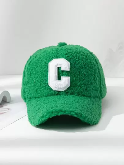 1 pieza Gorra de béisbol de peluche suave unisex con decoración de letra C, sombrero cálido para uso diario, lindo
