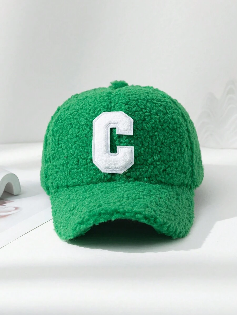 1pc Unisex C Letter Decor Soft Plush Baseball Cap Warm Hat For Daily Wear Cute - Green - View 1