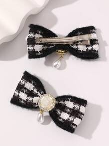 2 件裝女士髮飾黑白格子蝴蝶結髮夾和夾子