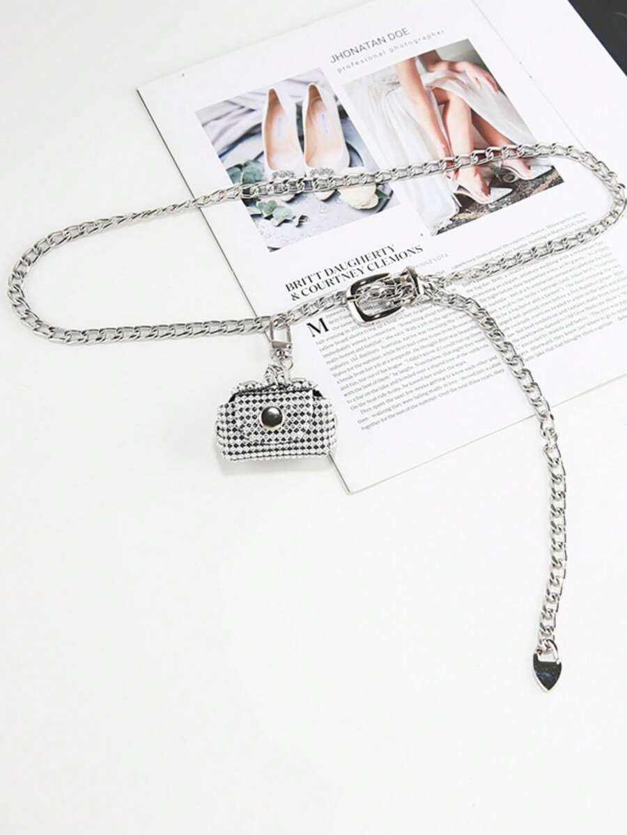 1入歐美風格時尚金屬腰鏈,鑲嵌鑽石,適用於裙子、西裝、外套或褲子 - 銀色 - 查看 1
