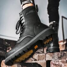 男士高筒工作鞋,防撞鋼頭機車靴,不壞安全鞋用於建築工地 - 黑色 - 查看 4