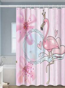 1入粉色火烈鳥&花朵&木板紋理聚酯纖維方形淋浴簾套裝,現代浴室裝飾 - 彩色 - 查看 2