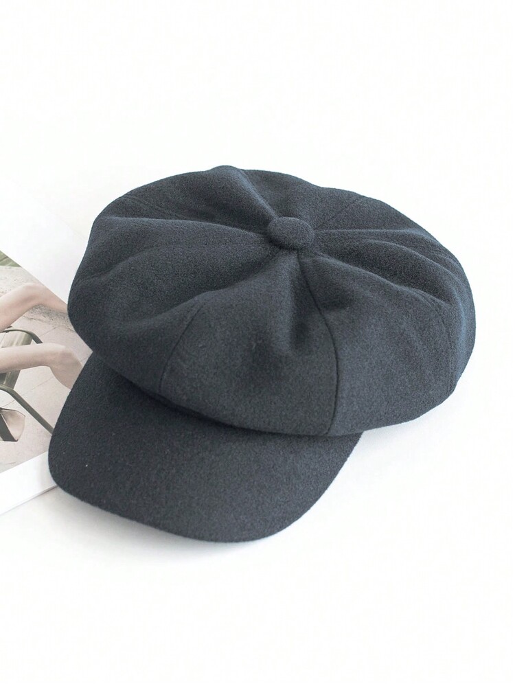 1 件装女士纯色贝雷帽，春夏季，韩版，百搭，遮脸 8 角画家帽 - 黑色 - 查看 5