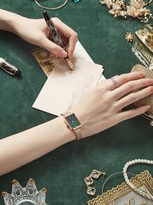 RUIMAS Romanson時尚女士手錶,簡約皮帶,時尚羅馬方格錶盤,防水,綠色款式,母親節,情人節,聖誕節禮物 - 玫瑰金 - 查看 8