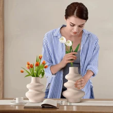 陶瓷花瓶,離常圓形瓶,現代乾花瓶,芒草花瓶,波西米亞風格家居裝飾,適用於中心擺件婚禮晚宴餐桌派對客廳辦公室臥室,新居禮物 - 米黃色 - 查看 4