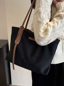 Fashionable And Simple Large Capacity Zipper Closure Women's Tote Bag Suitable For Daily Commute, Work, And Students - Black - View 4