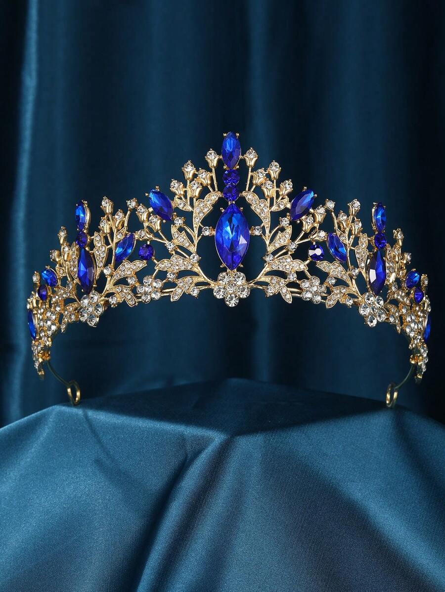 女性金色皇冠佩戴水晶婚禮頭飾,皇家皇后頭箍,花朵皇冠寶石婚禮頭飾 - 藍色 - 查看 1