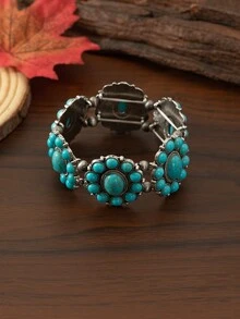 1 Pezzo Braccialetto Elasticizzato Con Perline Turchesi In Stile Vintage Bohémien Europeo Ed Americano - Blu - Visualizzare 5