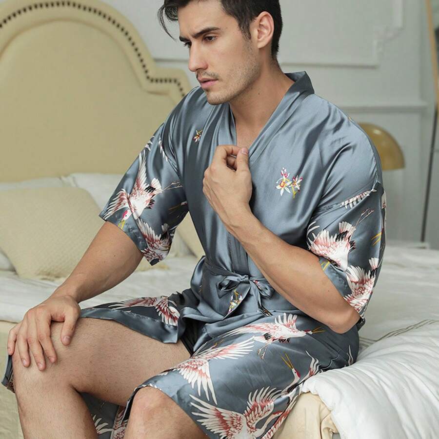 Men's Pajamas Silk Robes Printed Satin Pajamas For Men - 灰色 - 查看 1