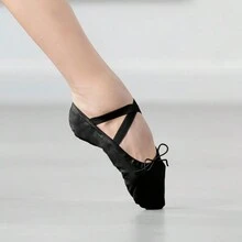 分体鞋底抽绳黑色帆布芭蕾舞鞋 - 黑色 - 查看 3