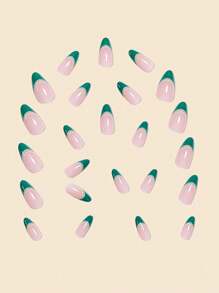 24 件裝水滴形假指甲綠色法式美甲套件杏仁形透明黃色法式指甲尖帶膠水和指甲銼,適合指甲延長 - 綠色 - 查看 3