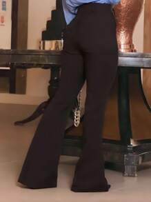 Calça Feminina Flare Pantalona Wide Leg Cintura Alta Alfaiataria Chique Trabalho Trabalhar Uniforme Festa Fardamento - Prata - Visão 2