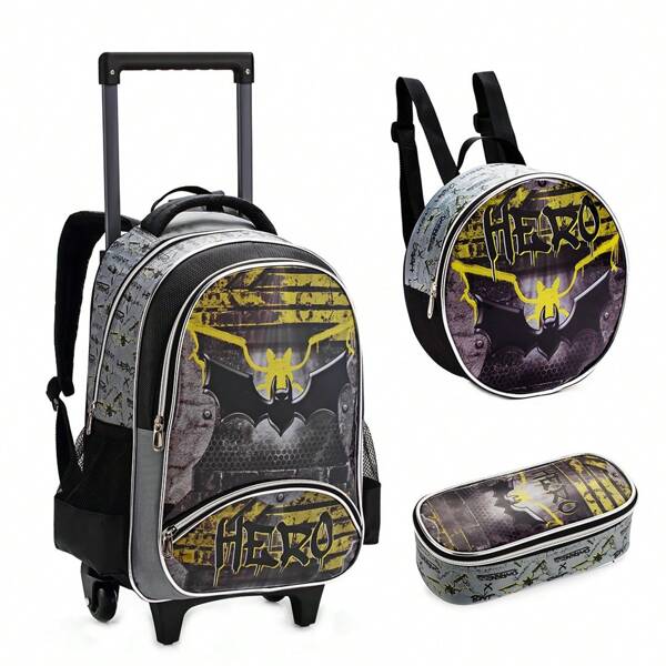 Conjunto Mochila Infantil Com Rodinhas Morcego Lancheira E Estojo