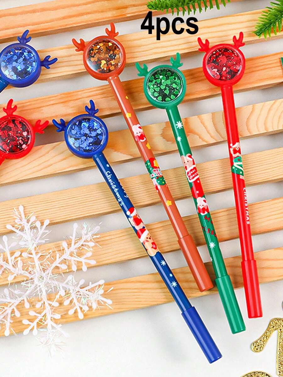 4入組創意聖誕麋鹿閃爍圆珠笔,可愛卡通聖誕設計,0.5mm筆芯書寫流暢,是聖誕禮物和文具用品的理想選擇
