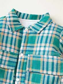 嬰兒男寶寶可愛格紋印花襯衫領加厚長袖連身衣,配保暖內襯,適用於秋冬季節 - 綠色 - 查看 4