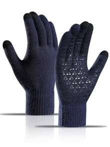 1雙男士深藍色厚編手套,秋冬保暖觸控手套,帶有防滑凝膠印刷適用於騎行 - 藏蓝色 - 查看 1