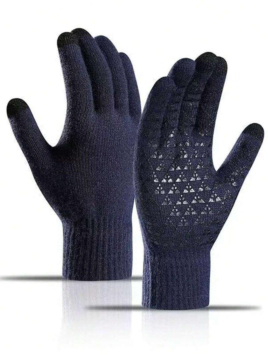 1雙男士深藍色厚編手套,秋冬保暖觸控手套,帶有防滑凝膠印刷適用於騎行 - 藏蓝色 - 查看 1