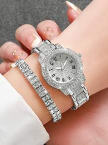 Women's Fashionable Steel Watch With Rhinestone Inlaid & Roman Numerals Dial + Rhinestone Decor Bracelet (2pcs/Set) Holiday As A Gift For Students Returning To School