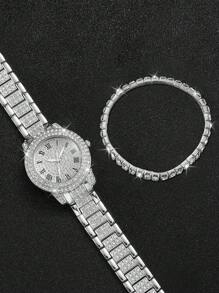 Women's Fashionable Steel Watch With Rhinestone Inlaid & Roman Numerals Dial + Rhinestone Decor Bracelet (2pcs/Set) Holiday As A Gift For Students Returning To School