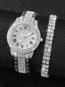 Women's Fashionable Steel Watch With Rhinestone Inlaid & Roman Numerals Dial + Rhinestone Decor Bracelet (2pcs/Set) Holiday As A Gift For Students Returning To School