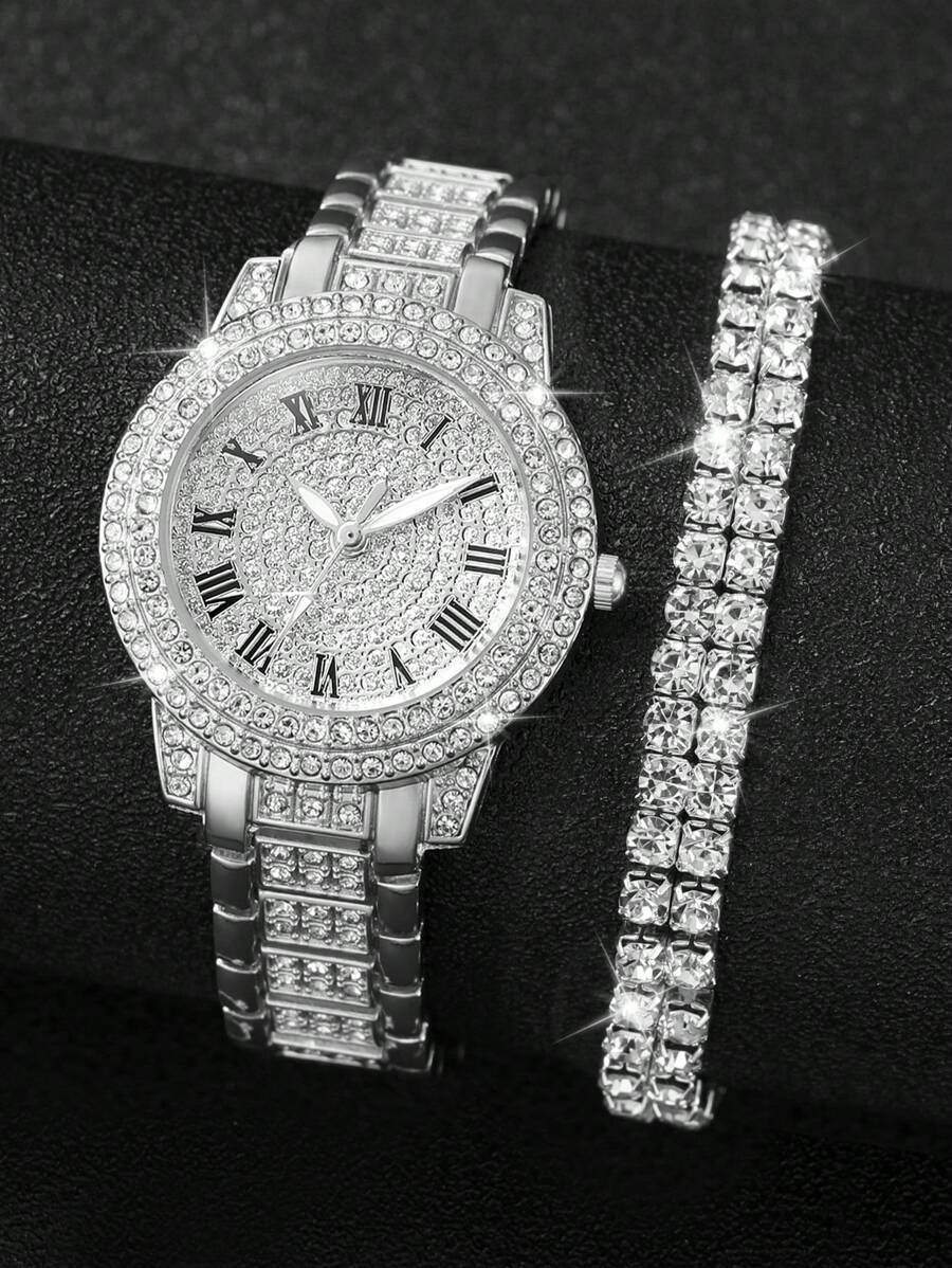 Women's Fashionable Steel Watch With Rhinestone Inlaid & Roman Numerals Dial + Rhinestone Decor Bracelet (2pcs/Set) Holiday As A Gift For Students Returning To School