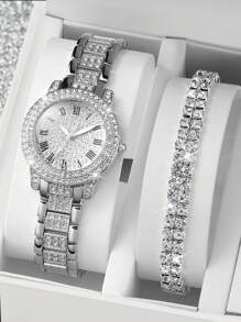 Women's Fashionable Steel Watch With Rhinestone Inlaid & Roman Numerals Dial + Rhinestone Decor Bracelet (2pcs/Set) Holiday As A Gift For Students Returning To School