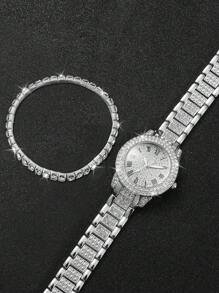 Women's Fashionable Steel Watch With Rhinestone Inlaid & Roman Numerals Dial + Rhinestone Decor Bracelet (2pcs/Set) Holiday As A Gift For Students Returning To School