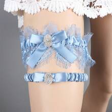 Ladies Blue Lace Garters Rhinestone Sexy Bow Leg Rings Rhinestone Garters Party Bridal Wedding Accessories - Blue - View 2