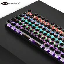 MageGee 黑色打字機機械遊戲鍵盤，104 鍵有線復古朋克圓形鍵帽，帶 RGB 彩虹背光 USB 有線鍵盤，適用於遊戲和辦公，適用於 Windows 筆記型電腦 - 藍色開關 - 黑色 - 查看 6