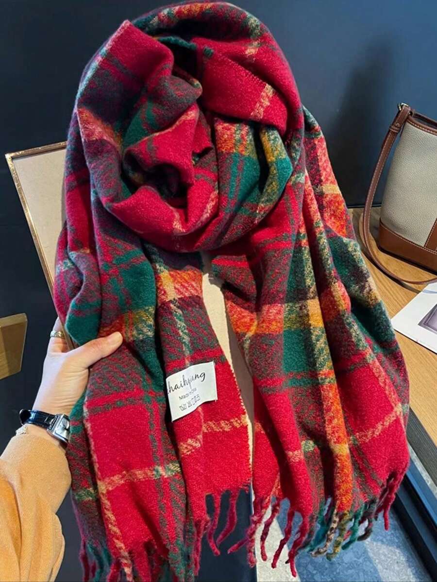1pc Christmas & New Year Women's Classic Red & Green Plaid Tassel Cape, Double-sided Warm Scarf For Students - Red - View 1