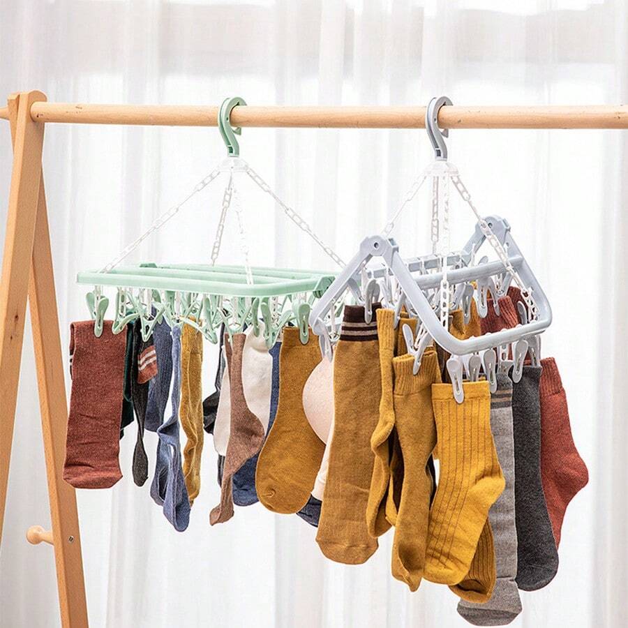 1pc Blue Plastic Sock Hanger With 32 Clips, Large Capacity - Blue - View 1