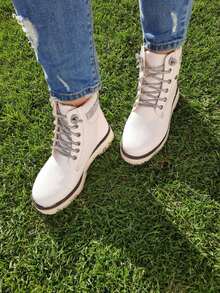 Botas Botines Moda Casual Urbano Agujetas Brillos - Beis - Ver 3