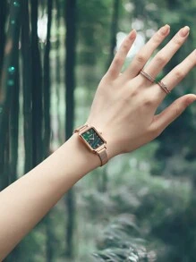 RUIMAS Romanson時尚女士手錶,簡約皮帶,時尚羅馬方格錶盤,防水,綠色款式,母親節,情人節,聖誕節禮物 - 玫瑰金 - 查看 7