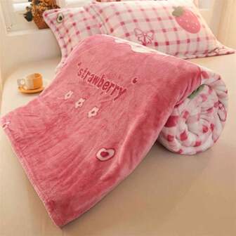 1pc Strawberry Pink Patterned Polyester Fiber Modern Style Rectangular Blanket, Suitable For Living Room Sofa Home Use