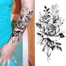 8入組黑色逼真蛇與花紋身貼紙,3d牡丹蛇貼紙,女士款暫時性紋身貼紙 - 黑色 - 查看 4