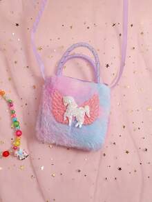 1個可愛風格的創意扎染亮片獨角獸編織毛絨單肩斜挎包,零錢包,兒童禮物 - 彩色 - 查看 4