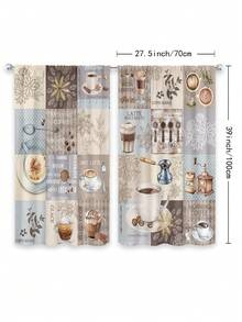 2入組復古咖啡廳廚房窗簾,鄉村拿鐵卡布奇諾咖啡豆,免鑽孔桿,27.5英寸*39英寸