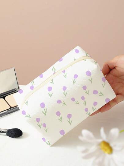 全身印花八角形天鹅绒化妆包，带郁金香图案，化妆包，化妆袋，化妆品收纳包，化妆品收纳，返校用品