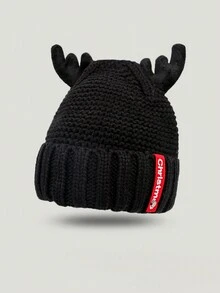 圣诞鹿角男女同款情侣秋冬潮流针织帽百搭保暖内衬加厚保暖护耳针织冷帽 - 黑色 - 查看 5